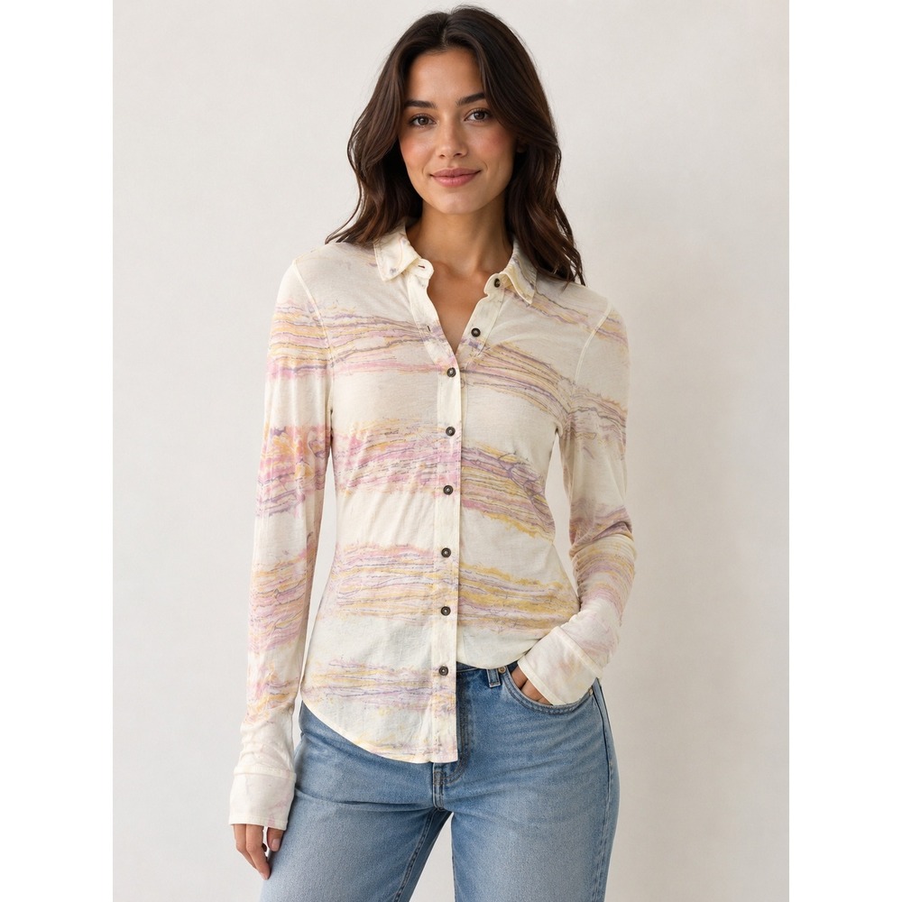 Hard Tail Forever Y2K Womens Sz Small Watercolor Stripe Cotton Button Down Shirt